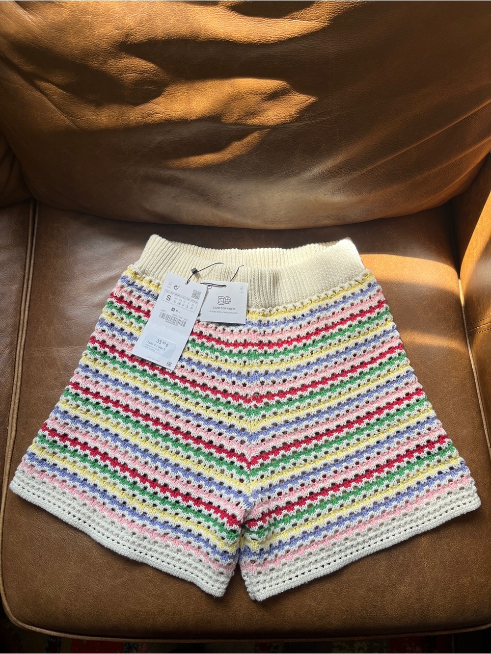 Zara Cream Waist Multicolor Crochet Stripe Shorts